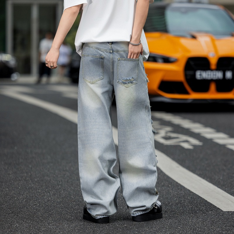 Jeans Rectos con Estampado y Desgastado para Hombre, Algodón y Denim, Diseño Rasgado, Corte Recto, para Primavera y Otoño