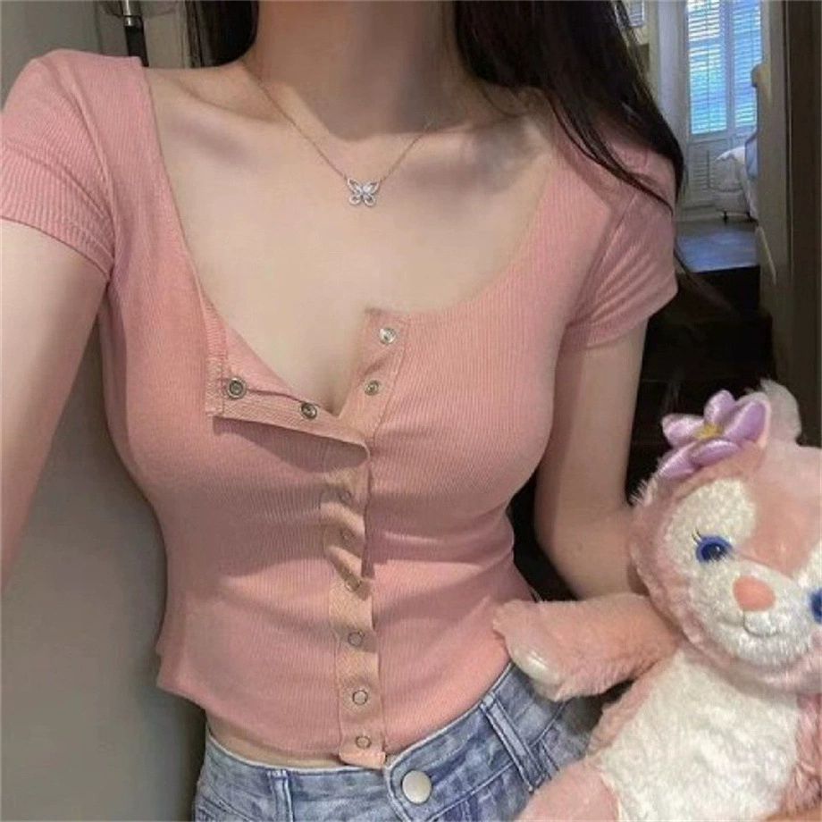 Женская футболка Pure Desire Style с U-образным вырезом и короткими рукавами, летняя новая дизайнерская приталенная Базовая рубашка 2023 года, сексуальный топ, короткий