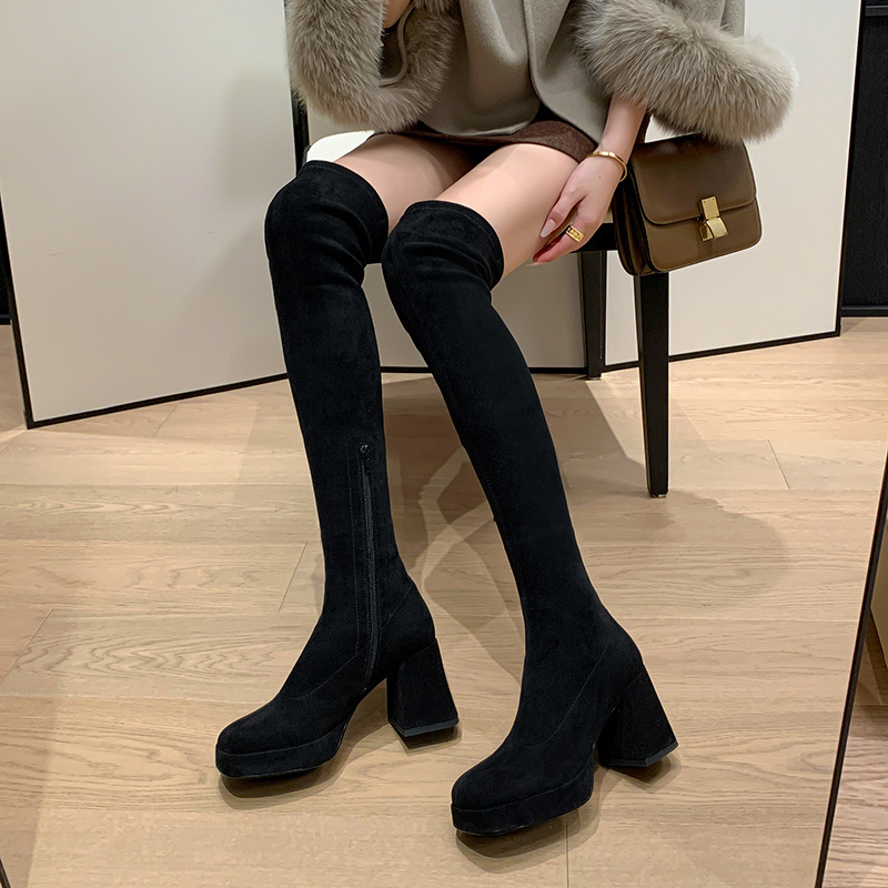 Elastic elegant high boots platform square toe with zipper heels