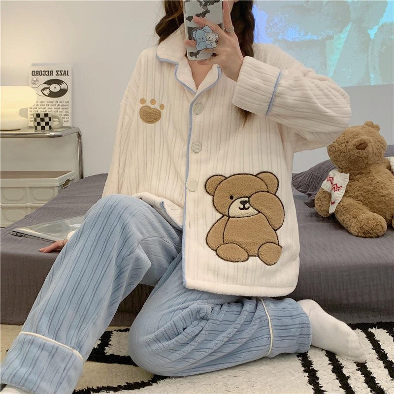 잠옷 여성의 가을 겨울 플란넬 두꺼운 달콤한 귀여운 한국 산호 양털 따뜻한 잠옷 홈 세트