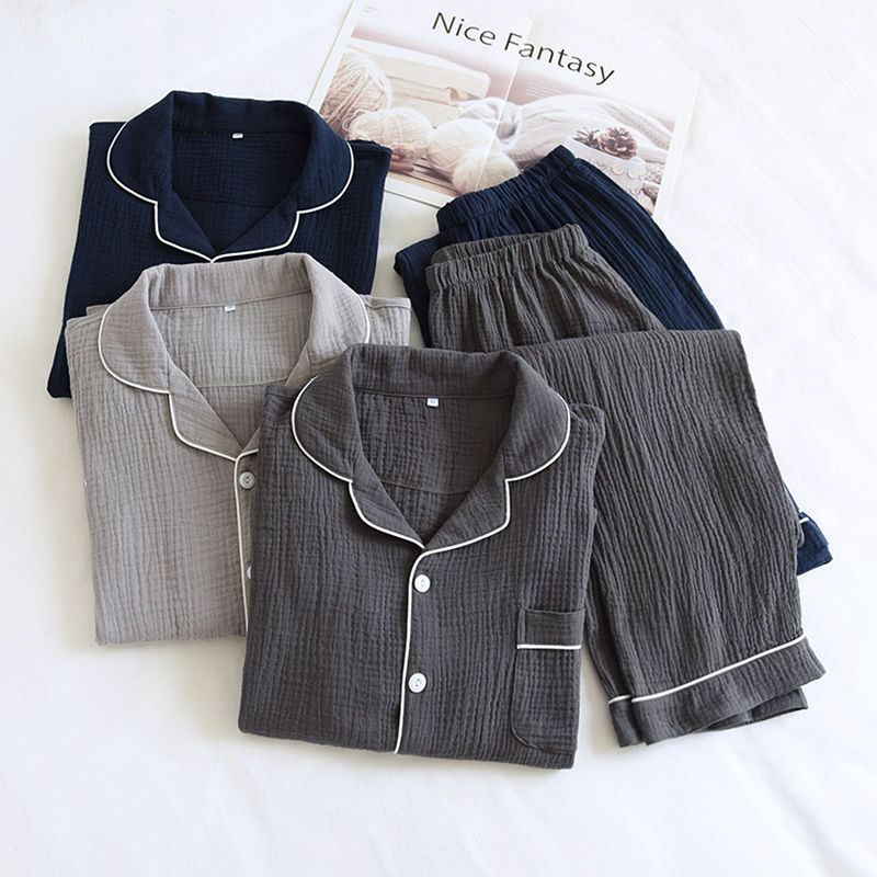 Cross-border gauze men's lapel long-sleeve home wear set, summer pure cotton solid color men's pajamas, loose casual wear for walking and going out Cross-border gauze men's lapel long-sleeve home wear set, summer pure cotton solid color men's pajamas, loose casual wear for walking and going out