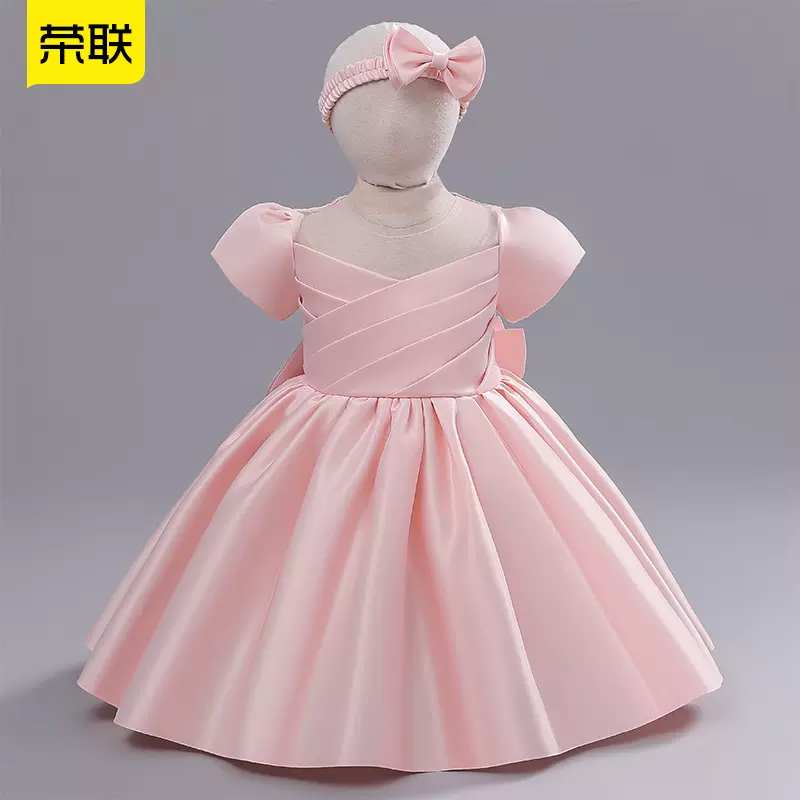 儿童礼服公主裙子小女孩缎面欧美亚马逊花童婚礼婴儿宝宝周岁礼服