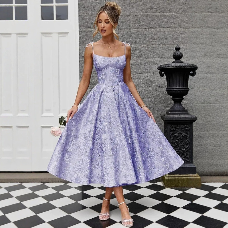 Cross-border foreign trade jacquard evening dress with bow straps, waist-cinching, sweet ball gown, mid-length dress Cross-border foreign trade jacquard evening dress with bow straps, waist-cinching, sweet ball gown, mid-length dress