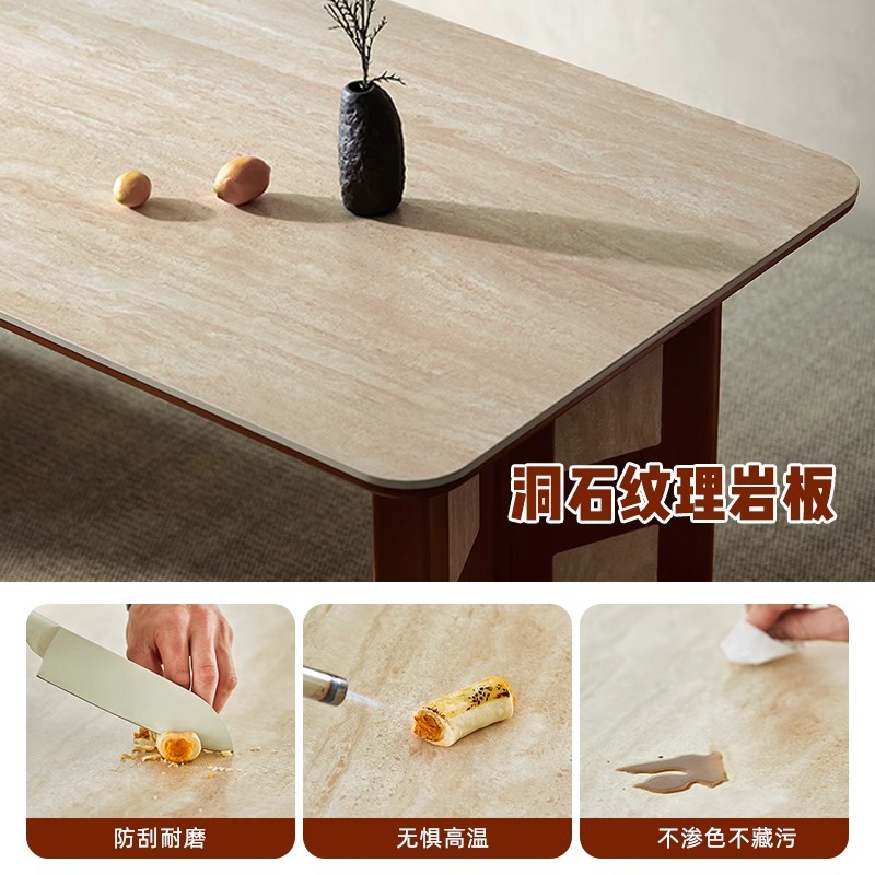 Medieval Style Solid Wood Travertine Slate Rectangular Dining Table and Chair Combination Home Dining Table Small Apartment Ash Wood Wabi-Sabi Style
