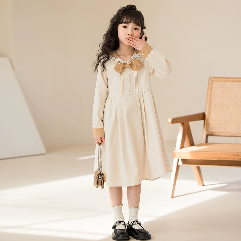 Autumn dress, fashionable bow tie, long-sleeve for leisure, skirt, western style, for teenagers