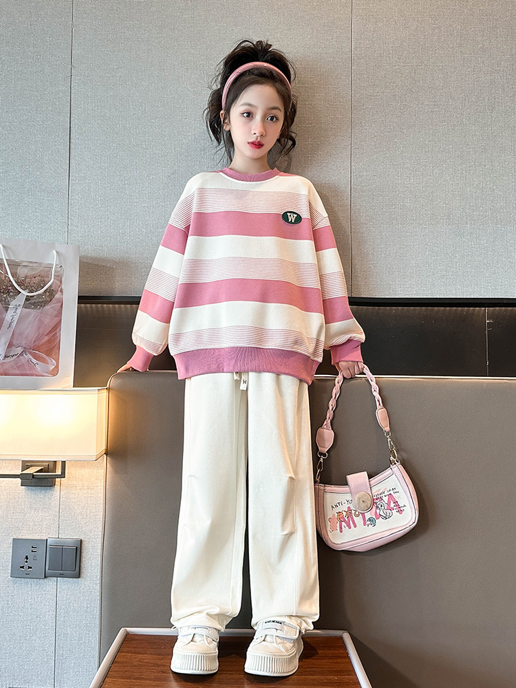 Girls Striped Sweatshirt And Trousers Set Comfortable Everyday_voghion.com