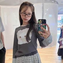 ~~~~韩国小众 25新款 井怜同款 可爱娃娃印花拼色修身T恤打底衫