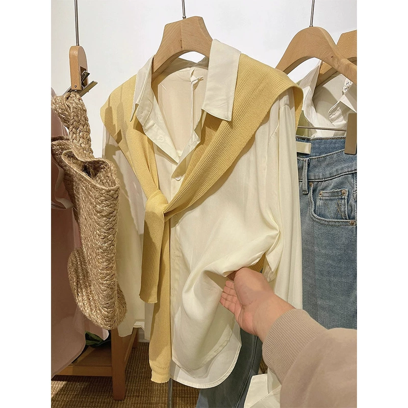 Женская рубашка с длинным рукавом цвета гусиного желтого, ранняя весна 2025 года, новый нишевый дизайн, корейский тенсел, элегантный свободный топ