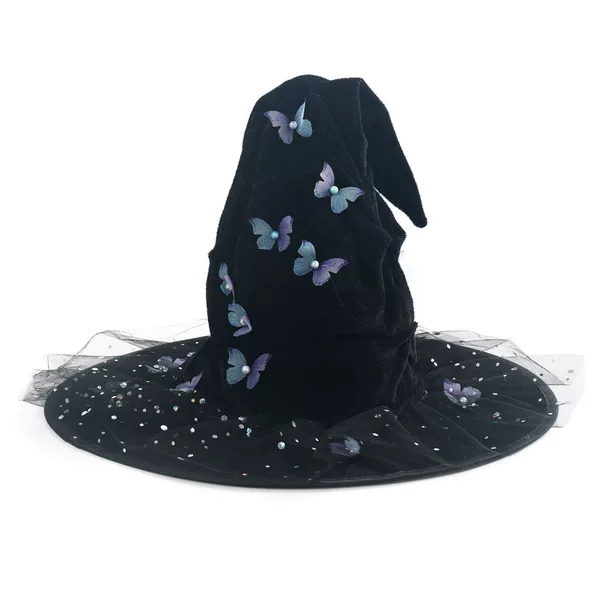 Witch Hat Hot Selling Hat New Pleated Party Decoration European and American Halloween Hat Curved Angle Butterfly Mesh Witch
