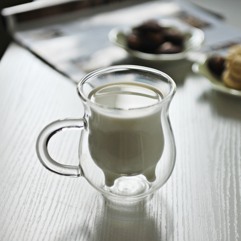 Hogar creativo vidrio de borosilicato de doble capa de vidrio taza de leche pequeña taza de vaca taza de jugo de vidrio