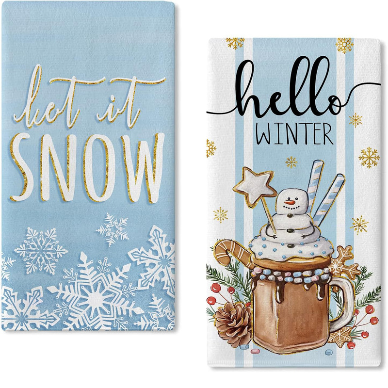 Winter Blue kitchen dish towel hot cocoa snowman snowflake hand towel drying baking cooking cloth towel hand towel