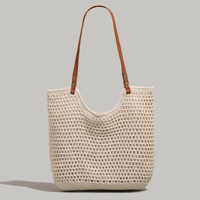 Brown shoulder strap hollow-out large-capacity woven tote bag for women, suitable for seaside leisure and vacation, beach bag, shoulder bag