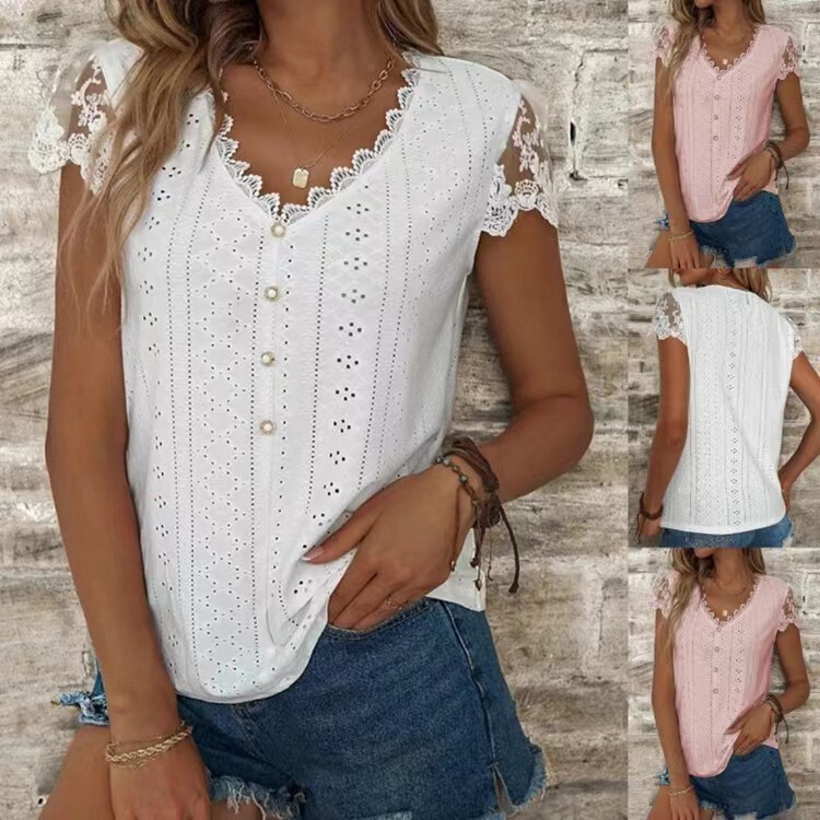2023 Cross-Border Amazon Independent Station New European and American Fashion Loose Pure Color Lace V Neck Short-Sleeved T-Shirt Top