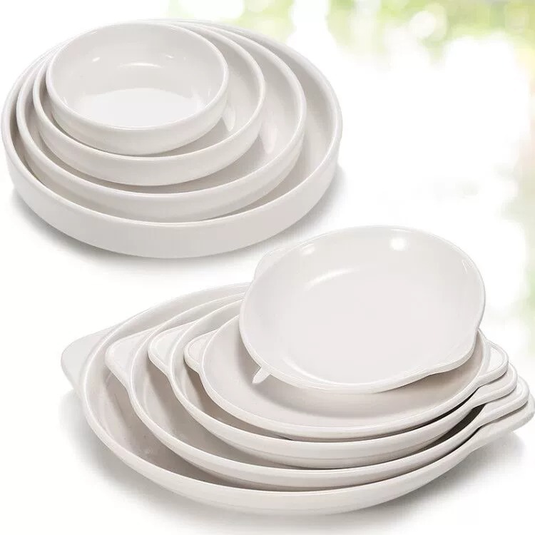Milamine White Plate Restaurant Tableware Deep Nest Round Plate Binaural Abalone Plate Soup Plate Imitation Porcelain Small Dish Plate Commercial