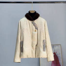 高端水貂皮草羽绒棉服女短款简约中国风立领整貂90白鹅绒显瘦外套