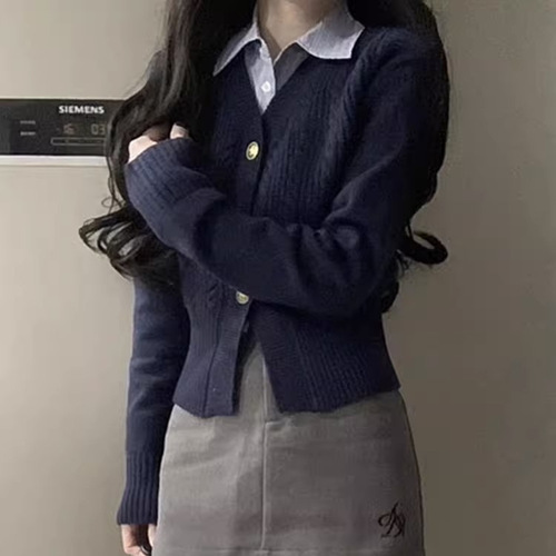 Japanese college style girl v-neck cardigan sweater female spring and autumn design niche short knitted sweater coat female