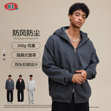 BE男装2025秋冬山系潮绒廓形连帽卫衣高街运动防风面罩拉链外套男