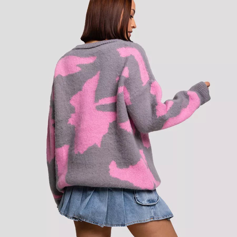 Suéter de punto holgado y moderno con cuello redondo y contraste de color para mujer, talla grande, otoño-invierno 2024._voghion.com