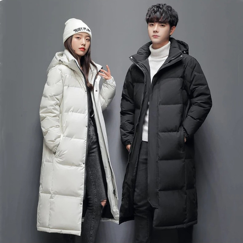 Explosions winter down jacket men's long knee-high white duck down hooded coat warm solid color coat with two-print LOGO