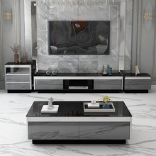 简约现代轻奢电视柜茶几组合小户型客厅黑色钢化玻璃不锈钢电视柜