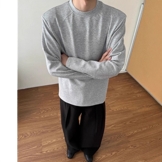 Structure Splicing Long-Sleeved T-Shirt Men's Spring and Autum Jelly Cotton Shoulder Pads Wide Sweatshirt Loose Casual Round Neck Bottoming Shirt