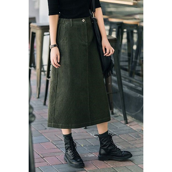 2025秋冬新款百搭显瘦高腰灯芯绒半身裙女松紧腰休闲开叉中长裙