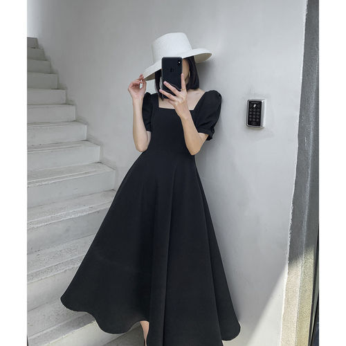 Dress 2024 new summer ins tea break dress temperament one-line collar knee-length Hepburn style fat mm little black dress
