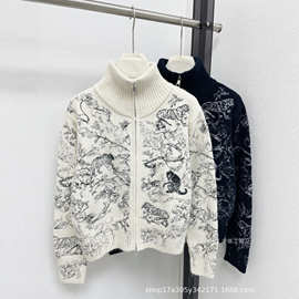 深圳南油高版重工地图刺绣立领针织开衫女24秋冬新款休闲毛衣外套