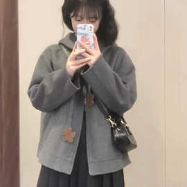 学生灰色连帽毛呢外套女春季新款感小个子短款韩系呢子大衣