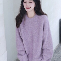 秋冬温柔风紫色软糯毛衣女设计感小众外穿针织衫宽松圆领打底上衣