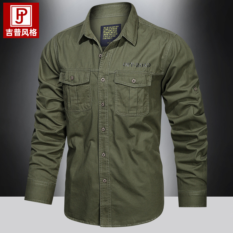 Otoño nuevo multi-bolsillo camisa de manga larga uniforme militar hombre gran camisa de trabajo de algodón casual chaqueta juvenil hombre
