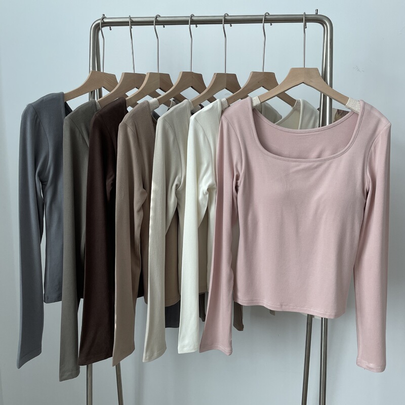 Yiwu bottoming shirt Women's inner wear with chest pad one square collar long sleeve T-shirt 2024 spring new slim top Yiwu bottoming shirt Women's inner wear with chest pad one square collar long sleeve T-shirt 2024 spring new slim top