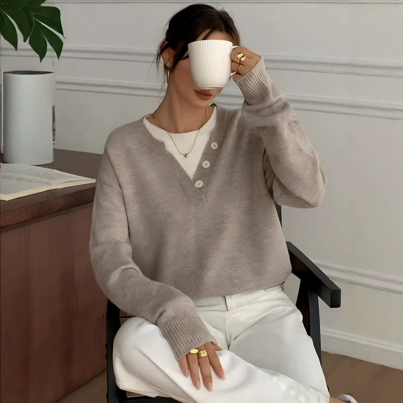 European and American Cross-Border Knit Sweater, Faux Two-Piece V-Neck Knitwear, Buttoned Loose Fit, Lazy Style, Versatile European and American Cross-Border Knit Sweater, Faux Two-Piece V-Neck Knitwear, Buttoned Loose Fit, Lazy Style, Versatile