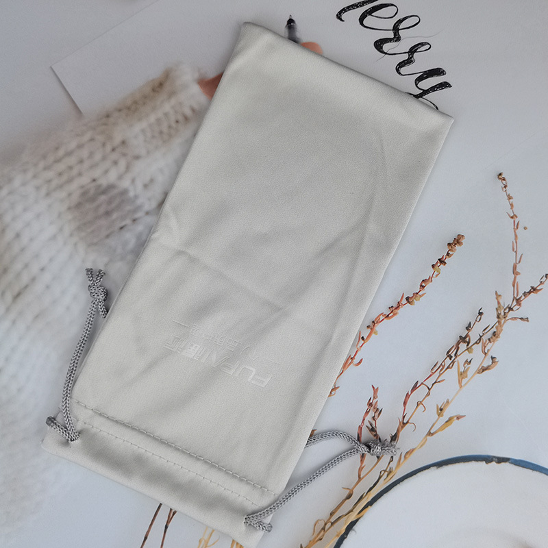 Microfiber Glasses Pouch Polyester Drawstring Bag Phone Pouch with Embossed Logo Double Zipper Storage Portable Frame Glasses Case