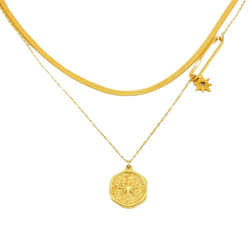 Collar de estrella de seis puntas con cadena de doble capa retro francesa nueva transfronteriza 2024 para mujer, joyería de acero inoxidable en stock, fabricante mayorista
