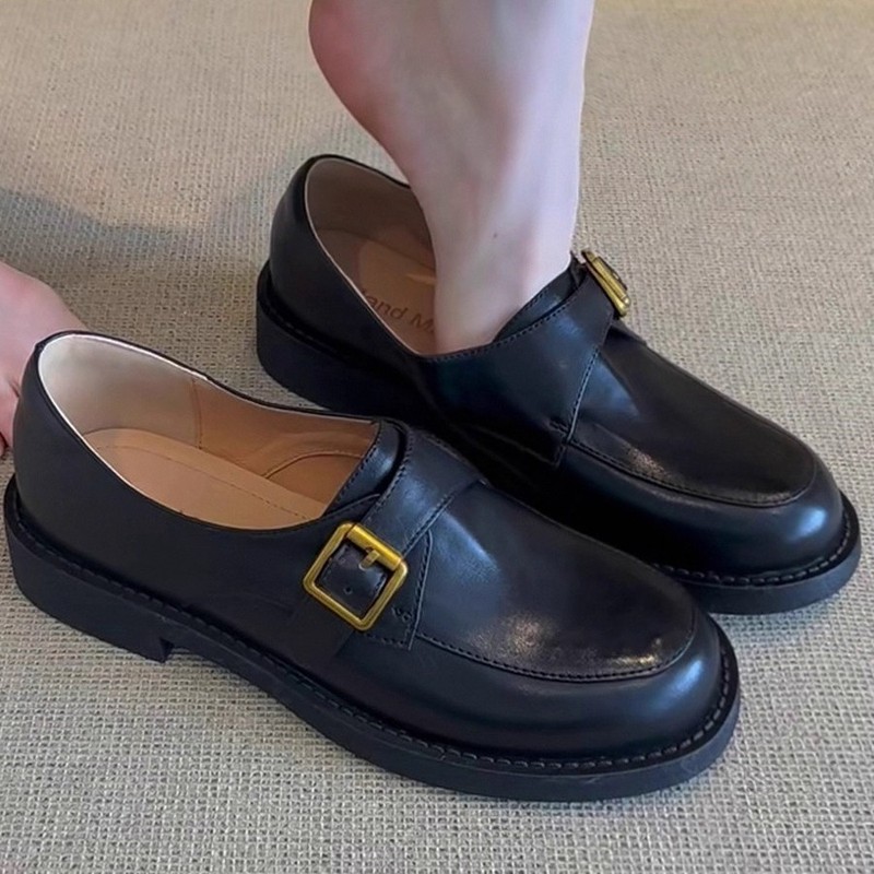 牛皮版~厚底乐福鞋女通勤黑色单鞋子百搭一脚蹬英伦学院风小皮鞋|undefined