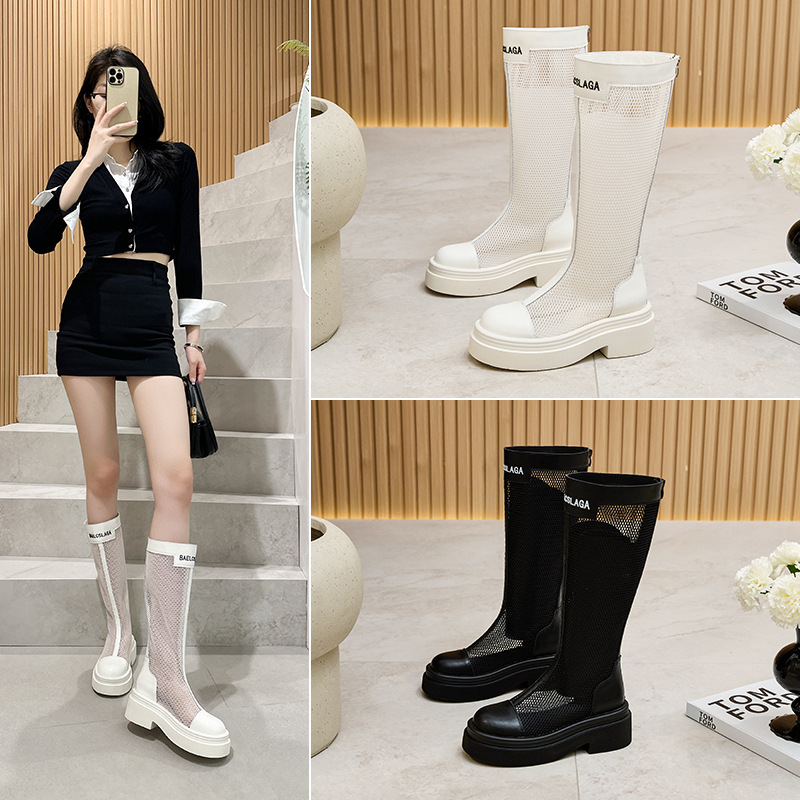 두꺼운 바닥 메쉬 높은 배럴 쿨 부츠 여성 정품 가죽 얇은 통기성 중공 무릎 높이 부츠 25 여름 새로운 하이힐 나이트 부츠