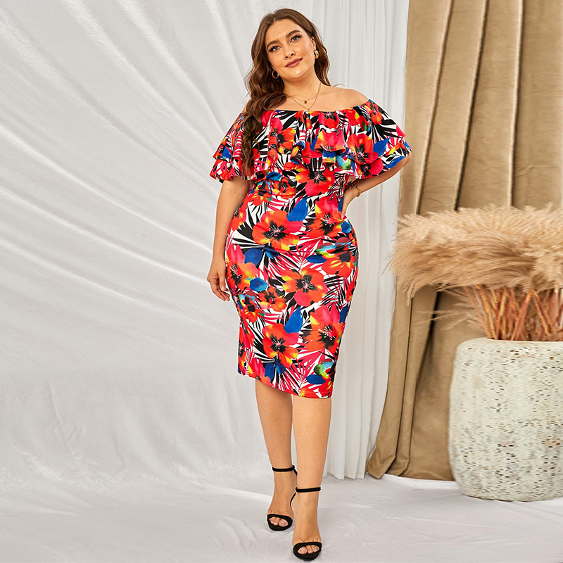 时颖大码连衣裙欧美2022夏季新款印花性感一字领200斤胖mm包臀裙