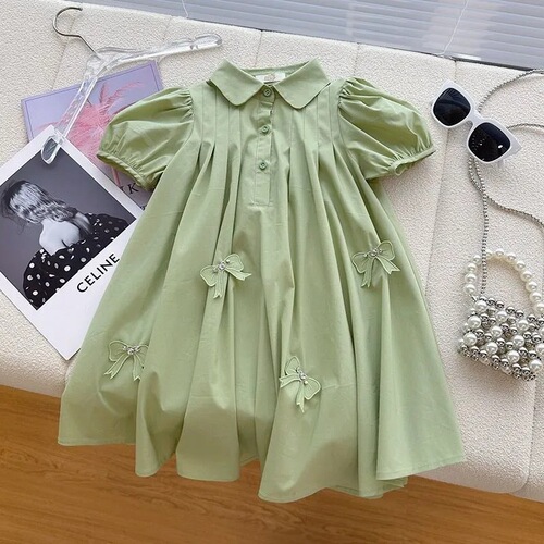 Women's Dress with Bubble Sleeve, Summer Style, Trendy 2024 New Design for Middle and Older Children, Polo Collar Casual Skirt