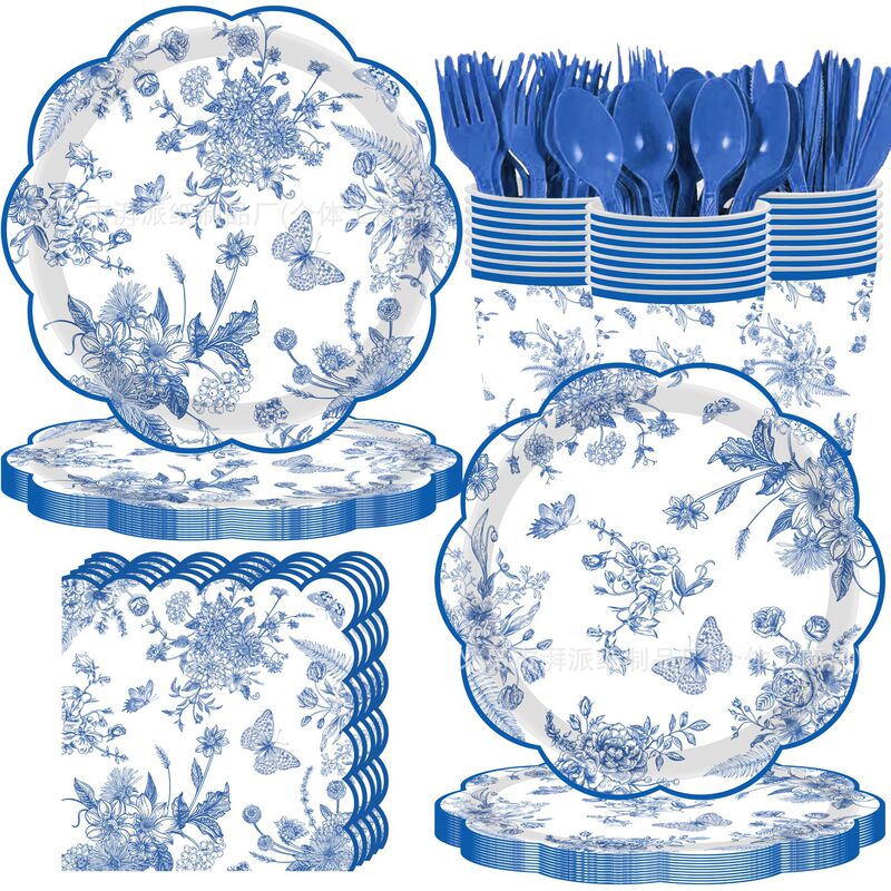 Amazon Blue and White Retro Floral Wedding Theme Party Disposable Lace Paper Plates, Paper Cups, and Tissue Set