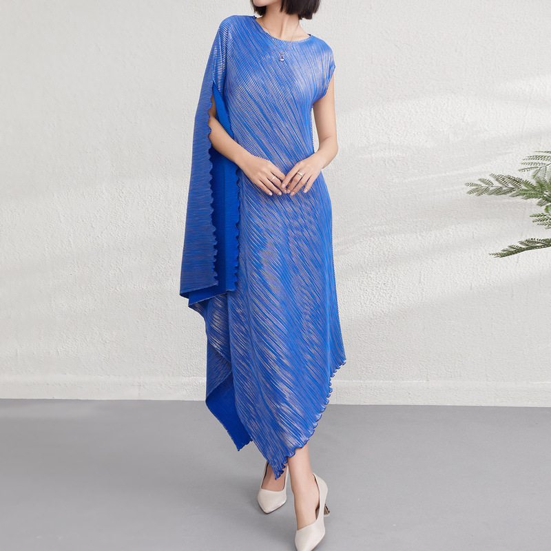 Miyake summer new design gilded oblique pleated toothpick dense edge loose plus size pleated fashion long dress