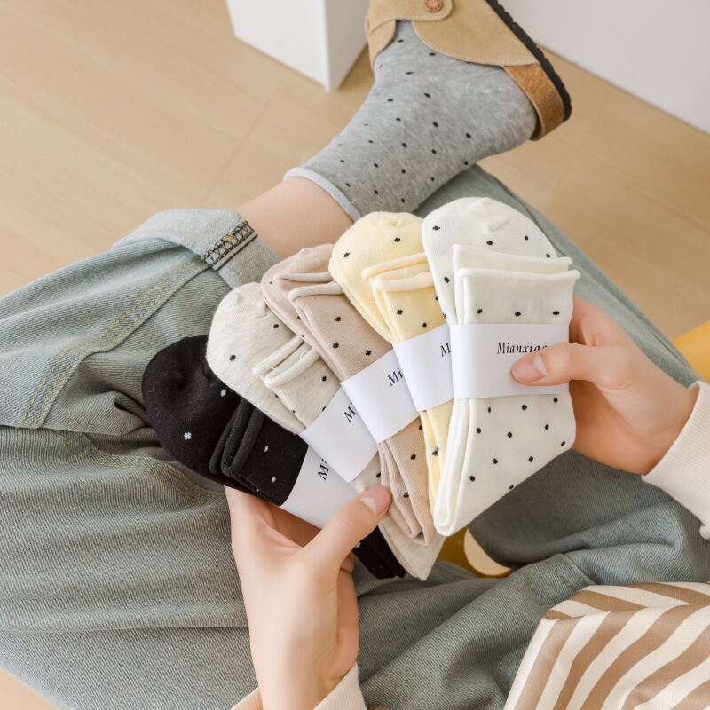 Socks for Women, Pure Cotton, Autumn and Winter, Korean Style Curled Polka Dot Mid-Calf Socks, Cotton Socks, Student Pile Socks, Women's Socks, Zhuji Socks Industry