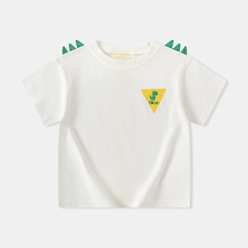 Betop ropa infantil transfronteriza al por mayor verano nuevo estilo niños camiseta de manga corta dibujos animados dinosaurio estampado delantero y trasero manga de hombro caído