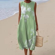 2025外贸速卖通新款缩褶大版无袖连衣裙宽松休闲度假舒雅圆领印花