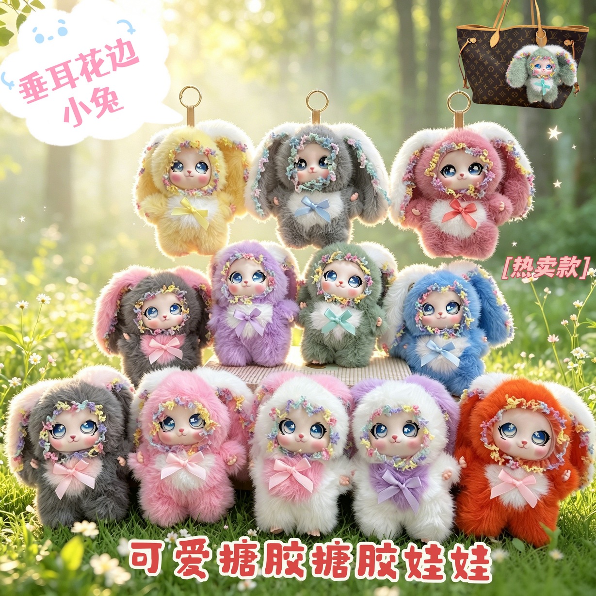 Cross-Border Hot-Selling Lace-Edged Lop-Eared Rabbit Vinyl Doll Pendant, Multi-Color Plush Rabbit Doll Backpack Keychain Gift