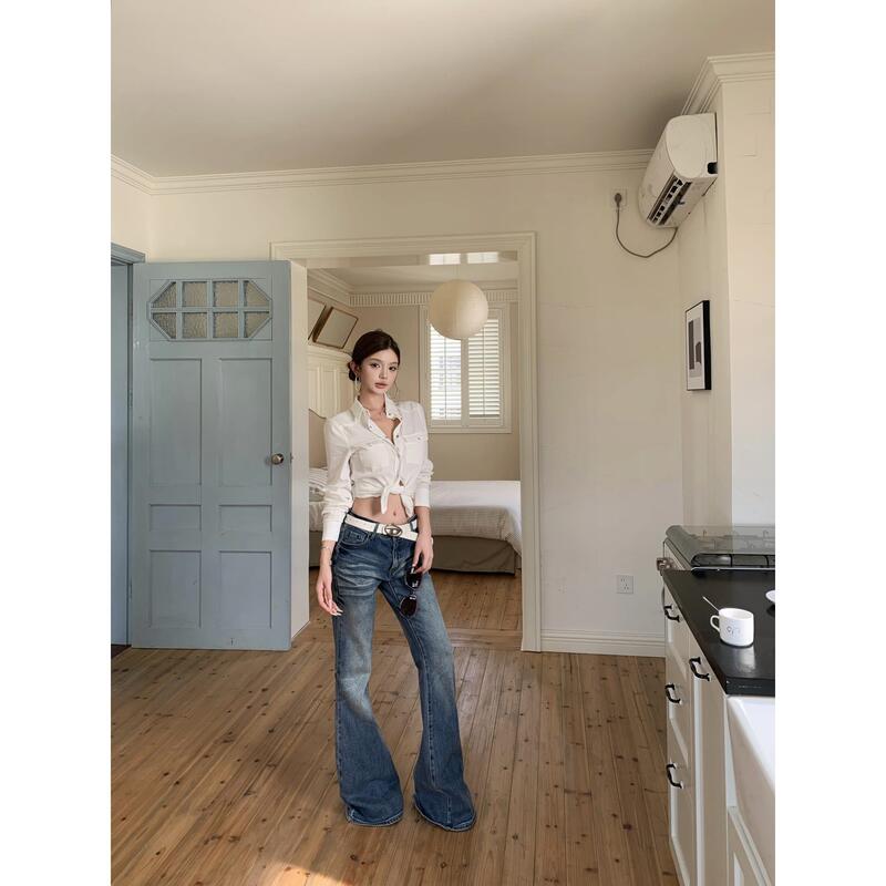 Real Shot of Long-Sleeved Versatile Short Style Sexy Shirt for Women, Casual Versatile Low-Waist Jeans, Slightly Flared Floor-Length Pants