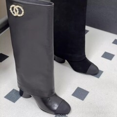 小香风裤管靴女高跟2025春秋新款真皮百搭高筒靴中筒短靴粗跟单靴