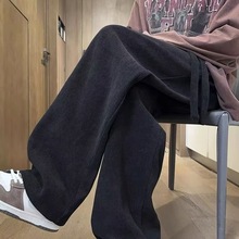 男士秋冬款加绒黑色运动长裤美式复古休闲裤潮牌宽松阔腿裤长跨境