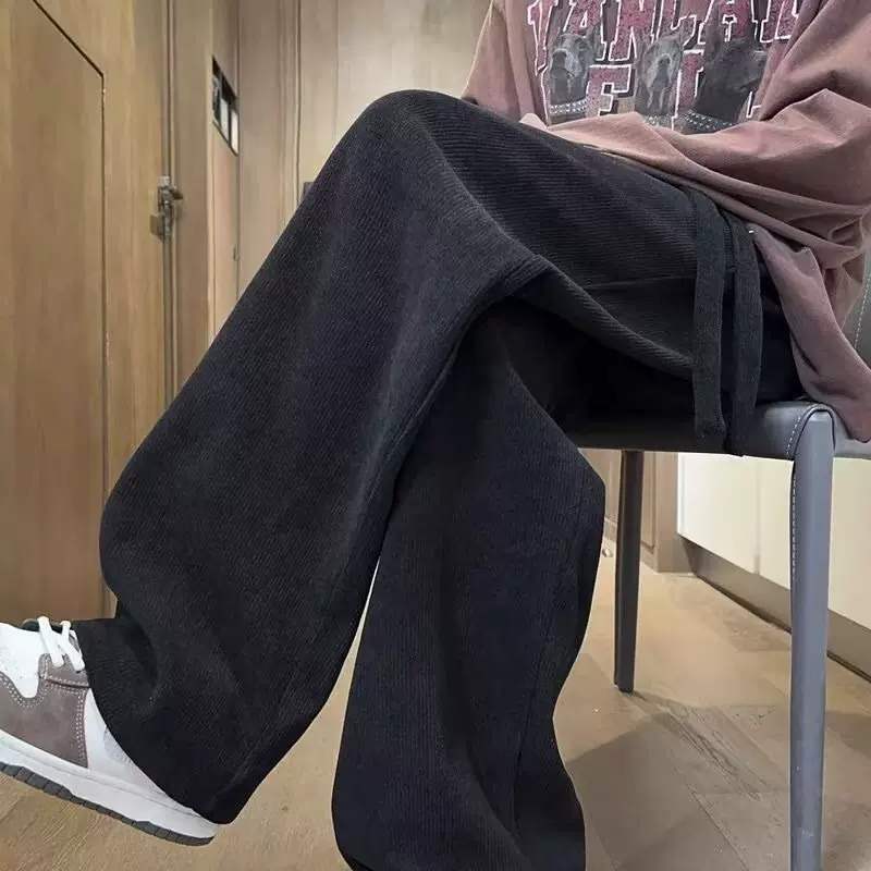 男士秋冬款加绒黑色运动长裤美式复古休闲裤潮牌宽松阔腿裤长跨境