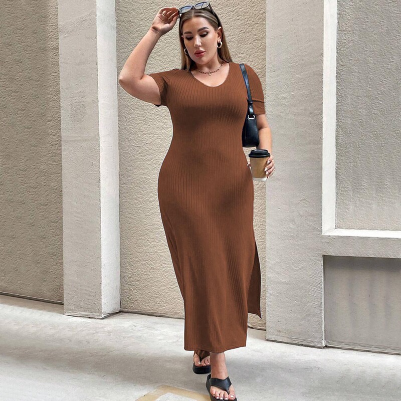 Cross-Border European and American Plus-Size Women's Clothing 2026 New Style Shein Elegant Waist-Cinching Slit Short-Sleeve Dress Bodycon Long Skirt